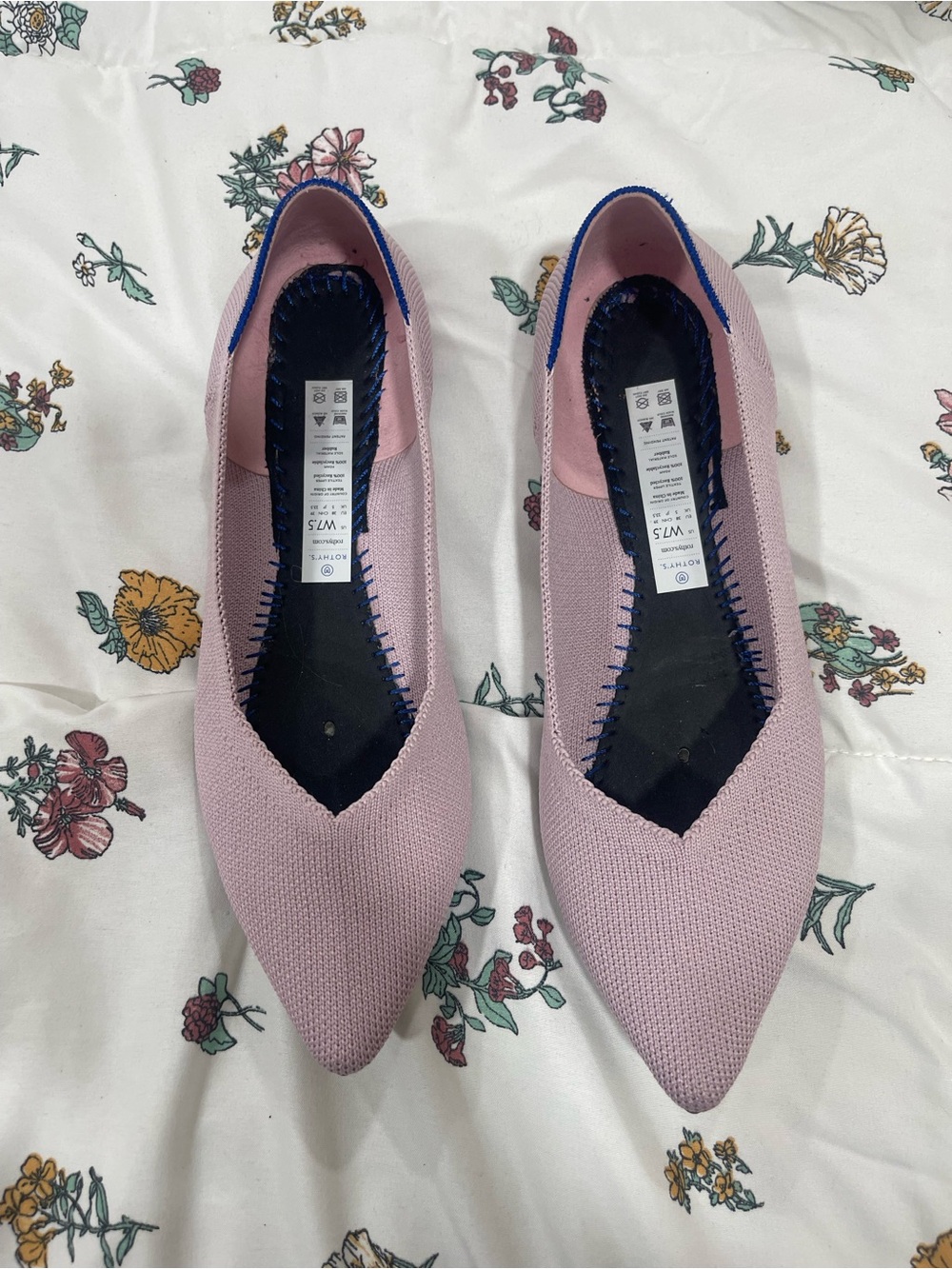 Rothy's Pointed Knit Flats in Light Pink with Navy Trim